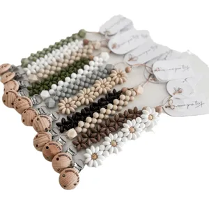 Silicone flower pacifier clips main image, multi-color baby soothing anti-drop chain display.