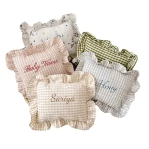 Custom embroidered name linen baby pillow Nordic style ruffled square throw pillow toddler nap cushion