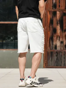 Short en denim blanc dechiré homme streetwear casual 5 pouces mode d'ete tendance