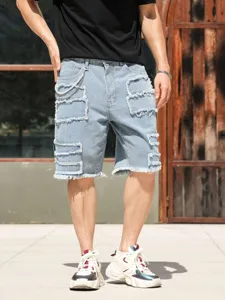 Herren Destroyed Jeans-Shorts lässige Fransen Streetstyle Denim Bermuda Shorts Detail