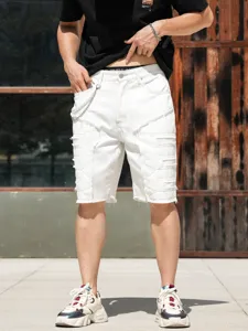 Short en jean blanc pour homme mode streetwear patchwork ourlet brut bermuda d'été