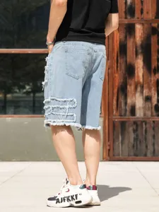 Herren hellblaue Jeansshorts lässig ausgefranst Patchwork Streetwear Knielänge Sommer Hosen