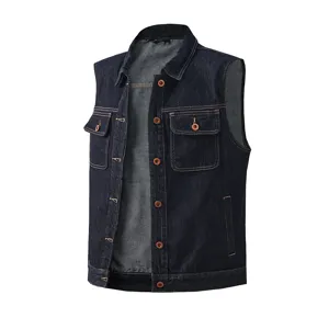 Classic men dark blue denim vest with lapel, sleeveless casual streetwear gilet jacket.