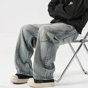 Men's grey vintage washed wide-leg casual denim jeans, loose fit scythe pants main image
