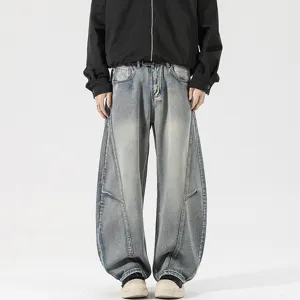 Grey mens casual jeans wide leg loose distressed scimitar pants main display view