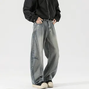 Men's grey baggy distressed denim jeans wide leg casual curve pants for street fashion wear