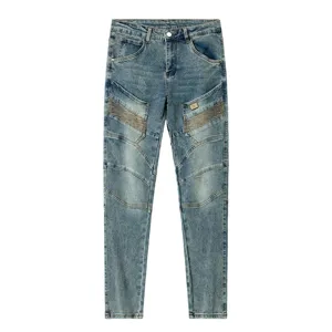 Men's retro washed slim-fit biker jeans with creative patchwork and stylish 3D tailoring details.