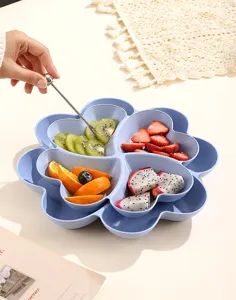 Compartment fruit plate detail showing multi grid design filled with fresh fruit snacks.
