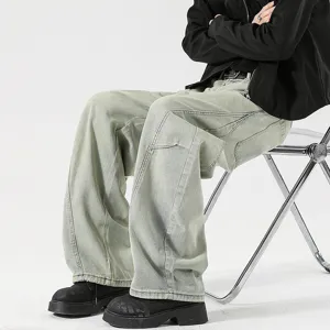 Men's loose casual washed scythe jeans vintage mud yellow baggy denim pants trendy street