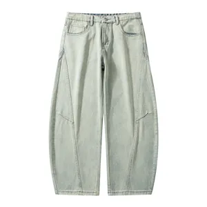 Men's loose casual curved-leg distressed denim pants, vintage style streetwear trousers.