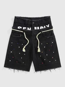 Pantaloncini di jeans neri con dettagli in strass e coulisse bianca in vita per uomo