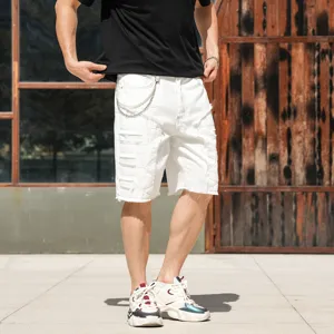 Short en denim blanc pour homme streetwear decontracté bords bruts patchs style tendance ete.