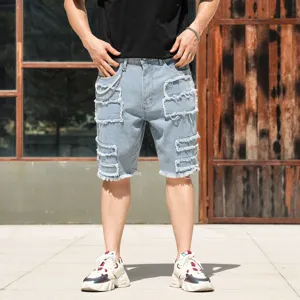 Herren hellblaue Destroyed Jeans Shorts Streetwear lässige Patchwork 5 Hosen Bekleidung