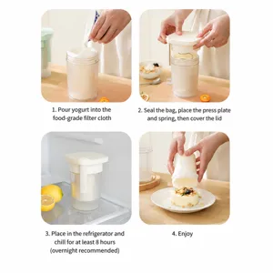Portable Greek yogurt strainer cup with press plate and filter cloth for home kitchen use.