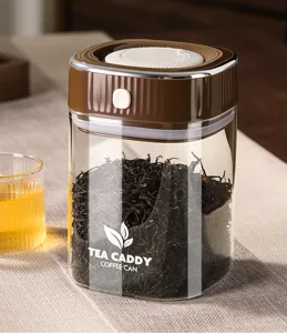 Vacuum glass airtight storage jar with brown lid and date dial for tea beans and food freshness.