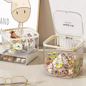 Boîte de rangement de bureau transparente avec couvercle pour accessoires de cheveux.