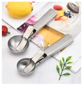 Stainless steel ice cream scoop and fruit spoon set, durable metal trigger design for easy serving.