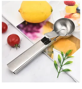 Stainless steel ice cream scoop and fruit spoon, dual-use kitchen tool for desserts.