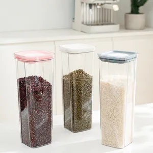 Clear plastic food storage container, rectangular pantry organizer for grains, beans, and dry goods.