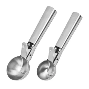 Stainless steel ice cream scoop set, dual-function trigger fruit baller for home dessert kitchen.
