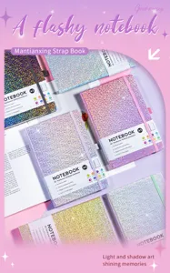 Sparkly A5 hardcover dotted notebook with elastic strap and pen loop for journaling