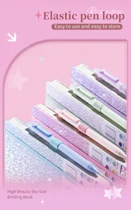 Close-up view of glitter A5 notebooks showcasing elastic pen loops with matching pens