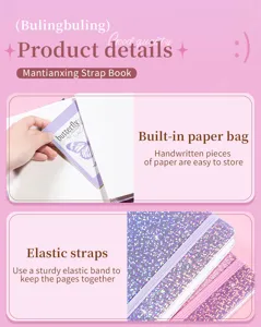 Detail view of glitter A5 notebook features including elastic strap and built-in pocket