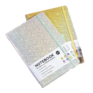 A5 glitter hardcover dotted notebook with elastic band and pen loop for office and school.