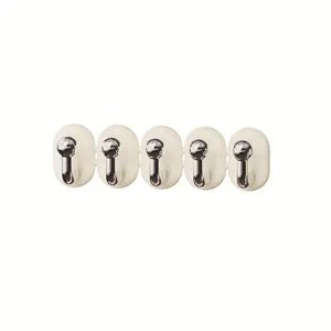 Mini adhesive wall hooks for bathroom towel clothes hanger, 5-piece white base with metal hooks.
