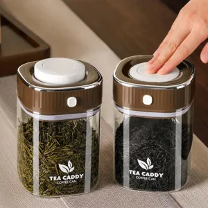Vacuum glass sealed jar for tea and coffee storage, airtight food container with press button.
