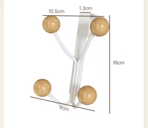 Detail view of the over-the-door metal coat hook with wooden ball ends and dimension marks.
