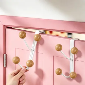 Over the door hook metal door hanger organizer with wooden balls for clothes hats bags
