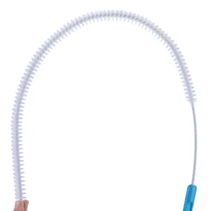 Long bendable drain cleaning brush with white bristles and blue handle for pipe hair removal.