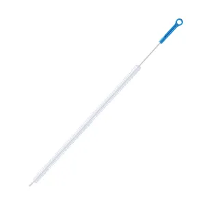 Long flexible drain cleaning brush for sink and pipe hair removal, featuring a blue handle.
