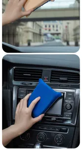 Autoreinigungs-Schwamm Detailansicht zeigt die Anwendung auf Windschutzscheibe und Armaturenbrett.