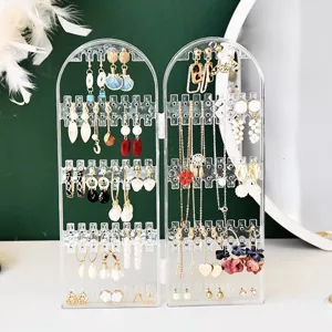 Espositore per Gioielli Pieghevole in Plastica Trasparente Porta Orecchini a Due Pannelli Organizer da Scrivania Multi-Foro