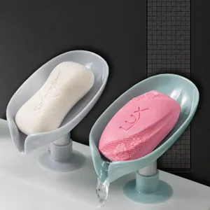 Jabonera de baño, soporte de jabón de plástico en forma de hoja con ventosa para lavabo.