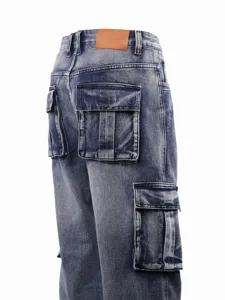 Men's vintage washed cargo jeans, relaxed fit, multiple utility pockets, detailed back view.