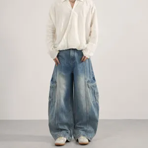 Mens Vintage Washed Baggy Cargo Jeans Retro Casual Loose Wide Leg Denim Pants Unisex Streetwear Trousers