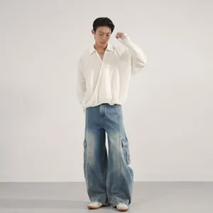 Vintage washed baggy cargo jeans for men and women, loose fit casual denim trousers.