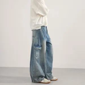 Vintage washed baggy cargo jeans for men and women, loose fit casual denim trousers main view