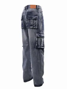 Detailed close-up of vintage washed denim cargo pants showing multi-pocket back view.