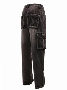 Detailed view of dark grey washed denim cargo pants featuring multiple utility pockets and loose fit.