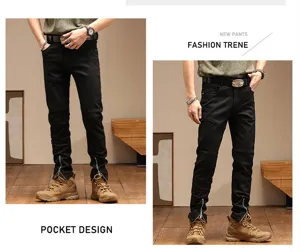 Vaqueros ajustados negros para hombre con detalles de cremallera, pantalones casuales.