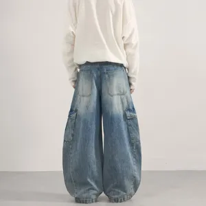 Vintage Washed Baggy Cargo Jeans for Men and Women Wide Leg Denim Pants Rear View