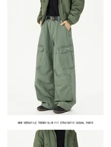 Men's vintage military cargo pants with multi-pockets loose fit casual trousers detail view