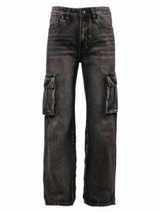 Mens washed black cargo jeans with multiple utility pockets and loose fit denim pants.