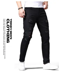 Men's black ripped slim fit jeans with mesh rhinestone details, stylish casual denim trousers.