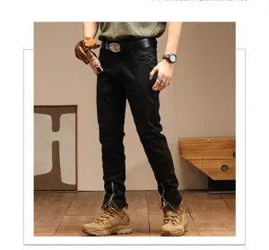 Nuevos Vaqueros de Moto Slim Negros para Hombre con Patchwork de Cremallera Casuales