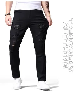 Men black ripped slim fit casual jeans with mesh panels, trendy straight denim trousers.